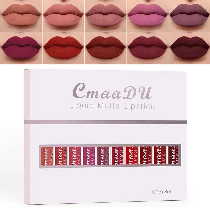 Lips Makeup Cosmetics Kit 10 Colors Matte Lip Gloss Set Velvet Nude High Pigment Matte Liquid Lipstick Set Lasting Easy To Color