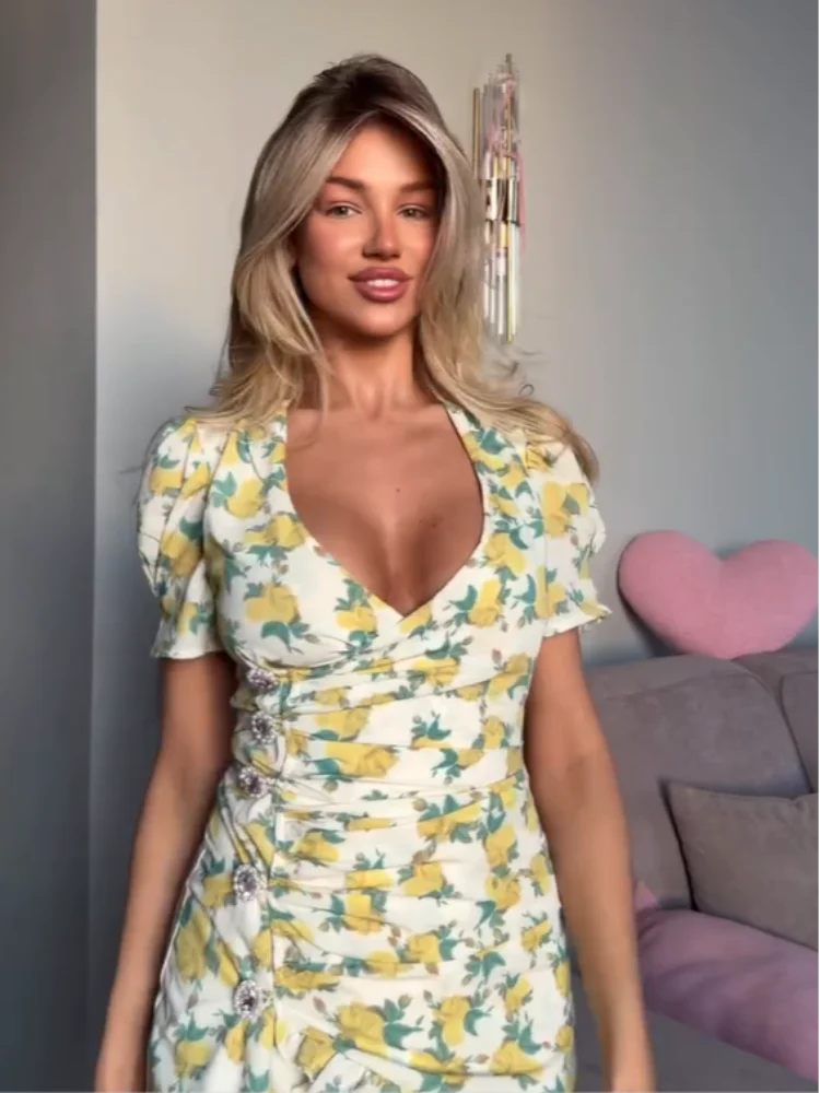 Chic Ruffle Print Slim Short Dress Women Chic Patchwork Flared sleeves V-neck Pleated Dresses 2026 Lady Summer Casual Vestidos