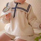 2026 Summer New Children Long Sleeve Clothes Set Boys Girls Bow Sailor Collar Shirts + Shorts 2pcs Suit Kids Cotton Outfits