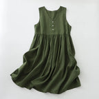 2026 New Women's Cotton Linen Sleeveless Dress Casual V Neck Button Down Loose Midi Dresses for Summer Women's Casual Dresses