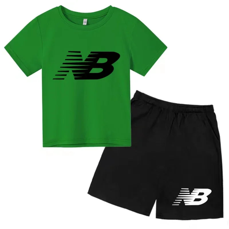 Two-piece kids' set: short-sleeve T-shirt and shorts with musical star print. Perfect for summer sports and trendy style, suitab