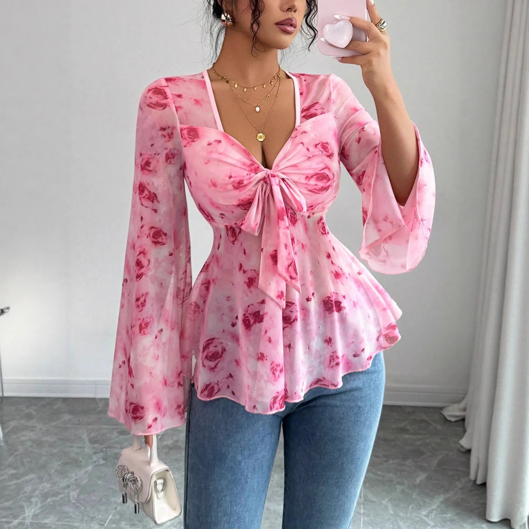 Women's Mesh Red Rose Print V-neck Top Trumpet Sleeves Bow Waist Short Style