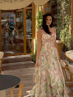 Floral Printed Chiffon V-neck Maxi Dress Ruffle Trim Puff Short Sleeve Waist Belted Slit Robe 2026 Lady Elegant Party Vestidos