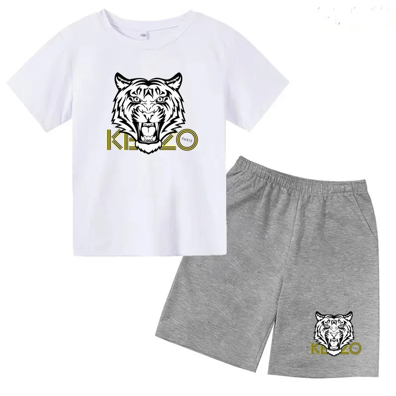 Kids T-shirt Boys Girls Toddlers 3-12Y Fashion Cute Tiger Print Brand Clothing Short Sleeve+Shorts 2P Outdoor Leisure Sports Set