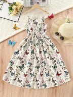 2026 casual and elegant girls' elegant butterfly print sleeveless dress - V-neck, long, perfect choice for summer