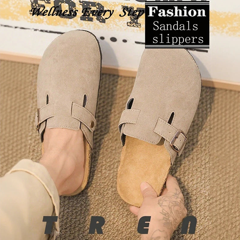 Shoes Fashion Men's Suede Mules Slippers New Women Clogs Cork Insole Sandals With Arch Support Outdoor Beach Slides Home Shoes