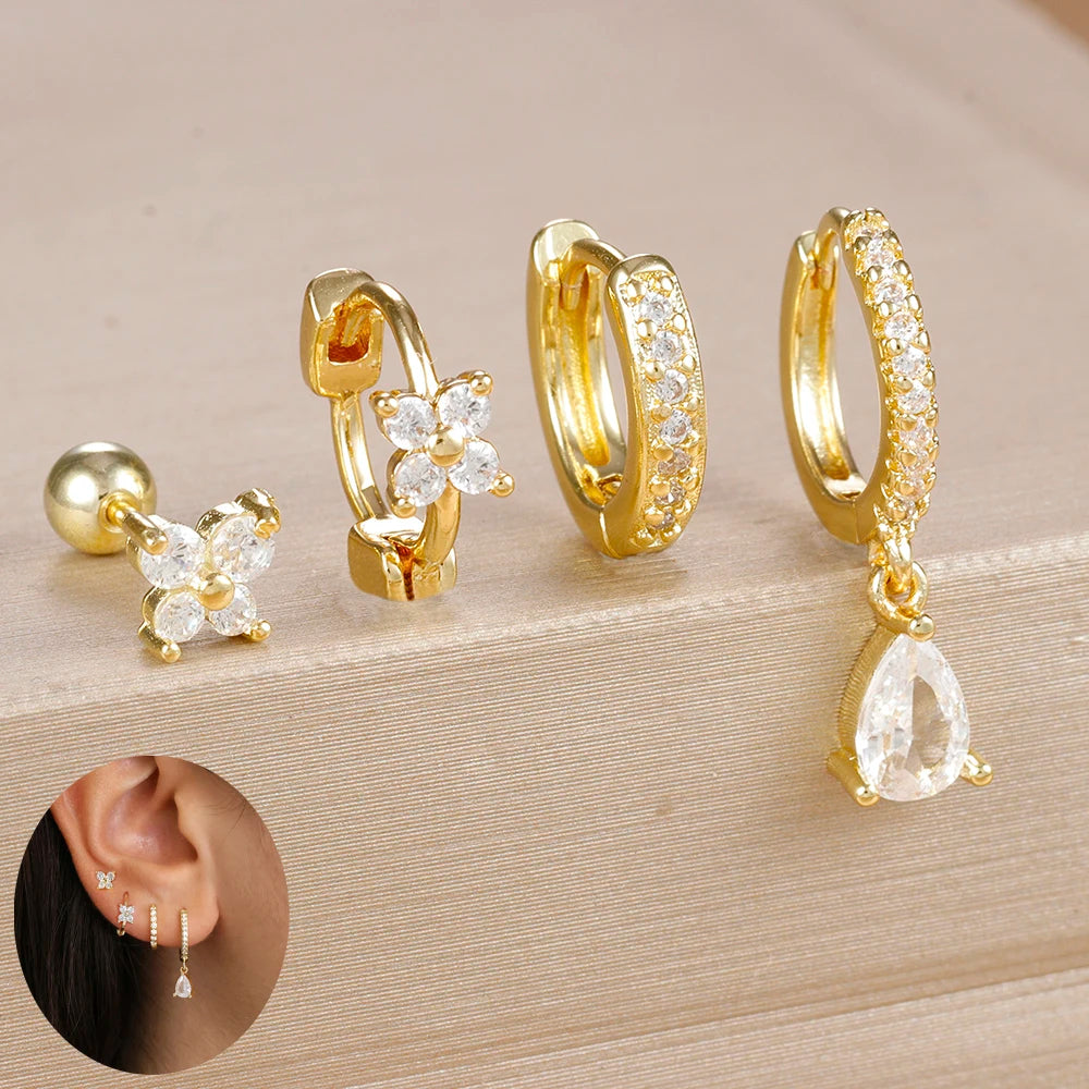 4pcs Korean Stainless Steel Zircon Water Drop Piercing Earrings Set for Women Simple Huggie Square Earring Fashion Jewelry