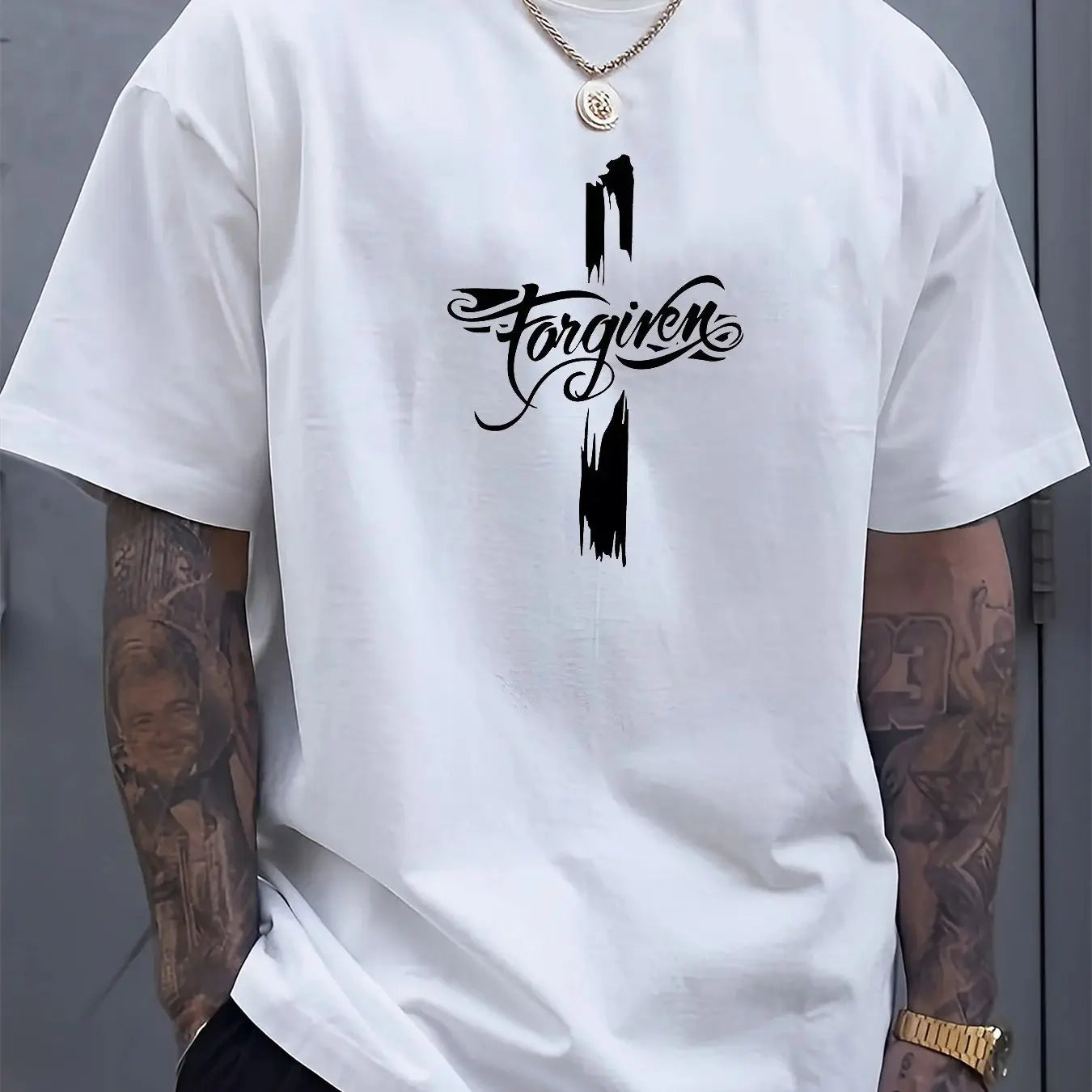Men's Summer 100 Cotton Fashion Casual Loose Large Forgiveness Letter Creative Printed Round Neck Short Sleeve T-shirt