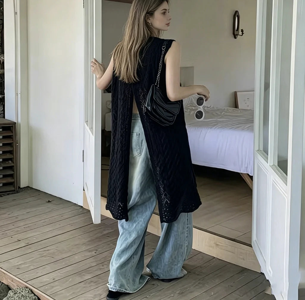 2026Boho Crochet Sleeveless Long Cardigan Women Summer Openwork Knit Vest Loose Maxi Kimono Cover Up Beachwear