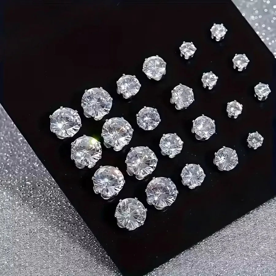12 Pairs Set Stainless Steel Stud Earrings with Gemstone Buds Round Earrings Unisex Fashion Jewelry Gifts
