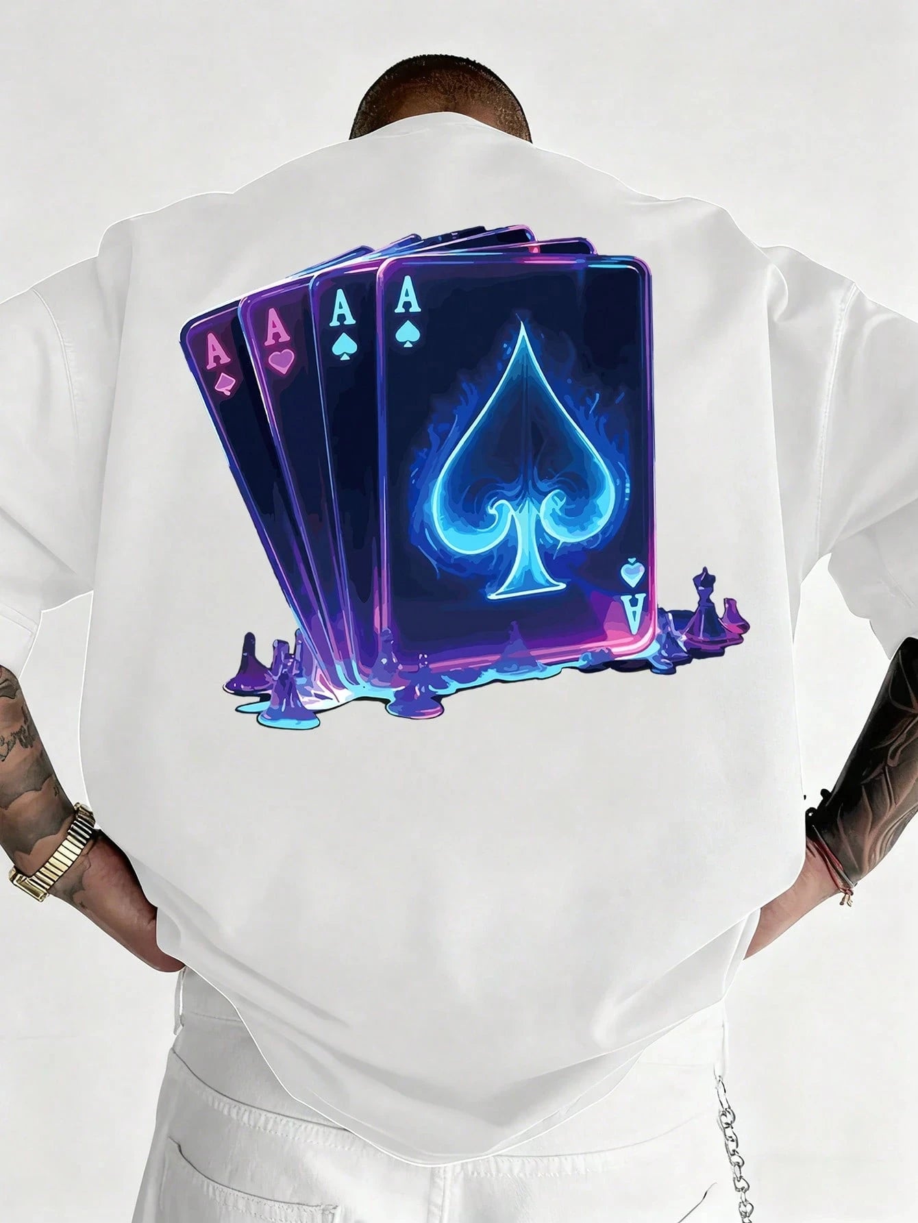 Men's summer 100% pure cotton fashionable casual sports loose Cool Playing Card Print round neck short sleeved T-shirt versatile