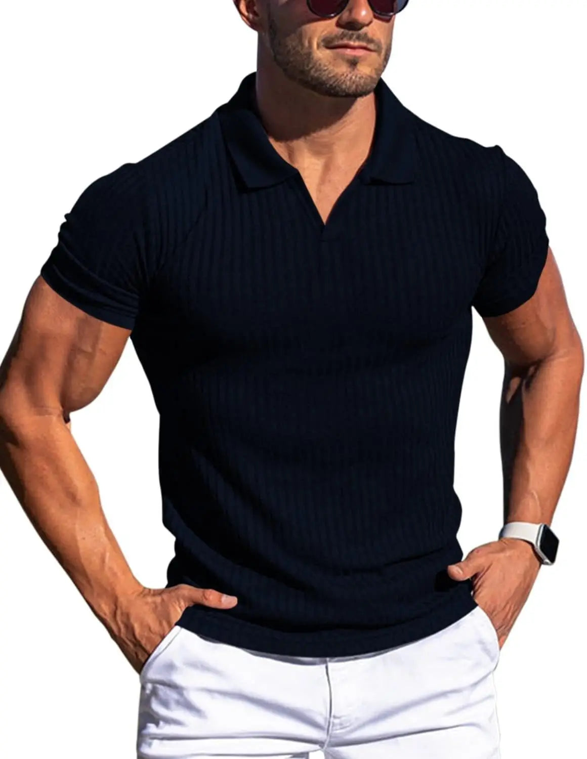Men's Slim Fit V-Neck Ribbed T-Shirt 2025 Summer Casual Short Sleeve Muscle Fit Tops Streetwear Fashion Bodycon Tees