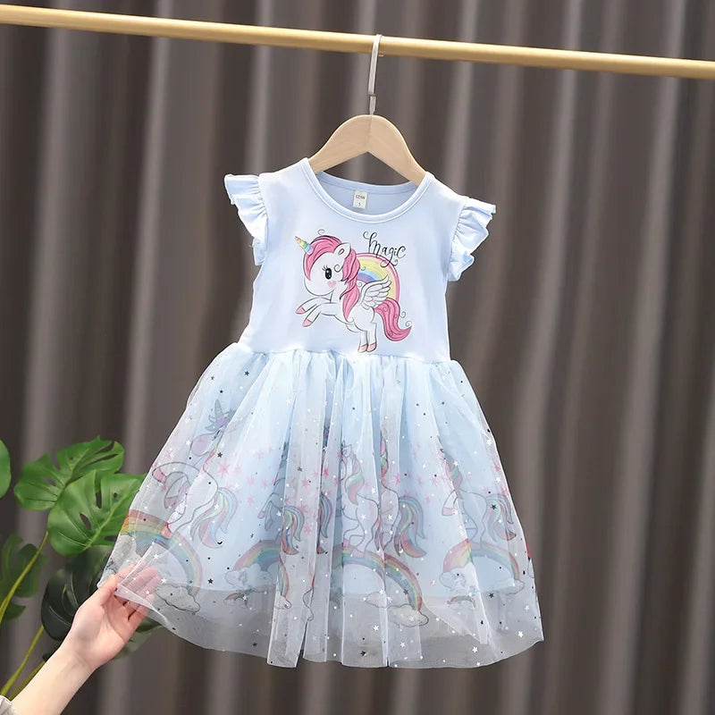 Girls Clothes 2026 New Summer Princess Dresses Flying Sleeve Kids Dress Unicorn Party Baby Dresses for Children Clothing 1-6Y