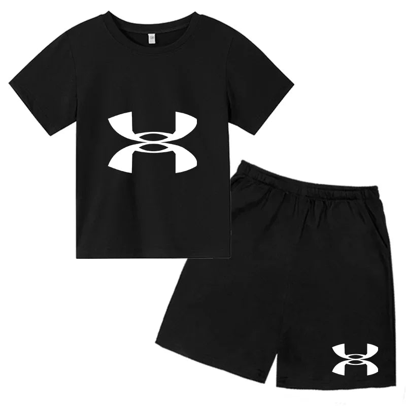 enfants en 2 piècesT-shirt et short de sport à manches courtes pour enfants avec logo imprimé - Ensemble de vêtements de sport