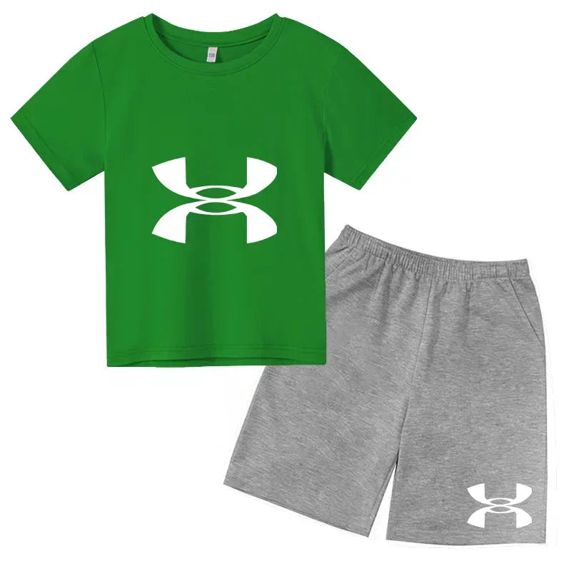 enfants en 2 piècesT-shirt et short de sport à manches courtes pour enfants avec logo imprimé - Ensemble de vêtements de sport