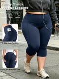 Capri Plus Size Leggings for Women with Pockets-Stretchy  Tummy Control High Waist Workout Black Yoga Pants