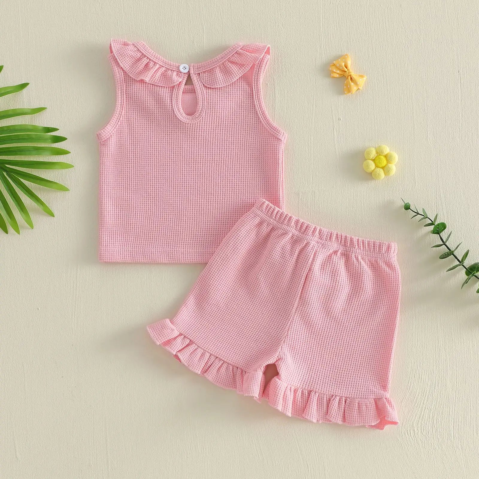 0-3Y Baby Girls Summer Waffle Knit 2Pcs Clothes Set Infant Ruffle Neck Sleeveless Tank Top Pink Shorts Sweet Pink Outfits