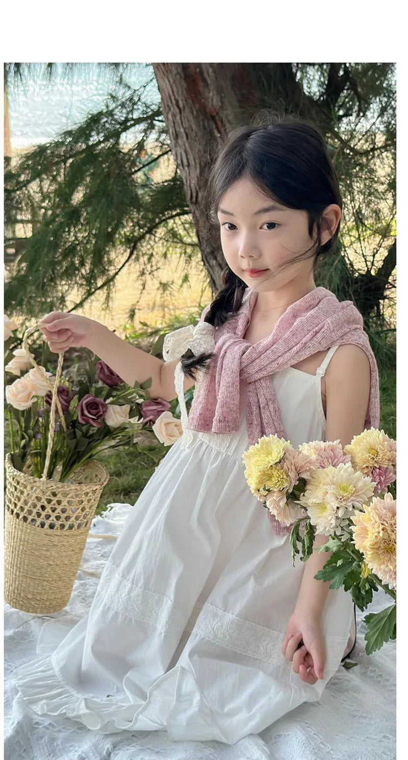 2026 New Girls Dresses Summer Solid Suspenders Dress Hollow-out Long-Sleeved Base Blouse Kid's Beach Wear