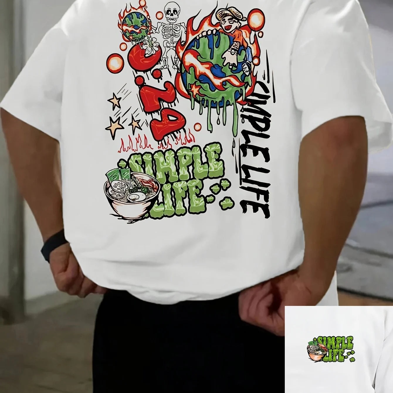 Men's Summer 100% Cotton Fashion Casual Sports Loose Graffiti Letter Print Round Neck Short Sleeve T-shirt Top
