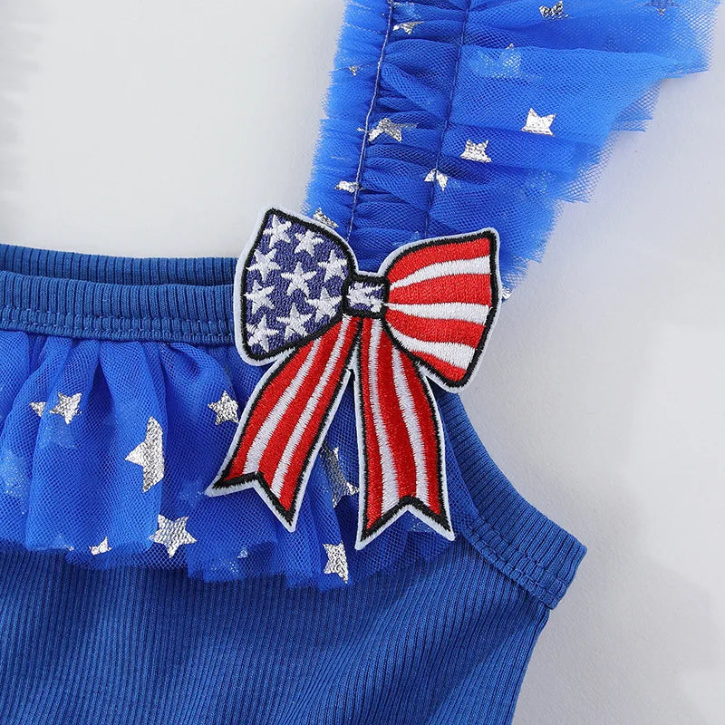 Children Tiered Ruffle Mesh Dresses Girls 4th of July Sleeveless Tutu Dress Star Decor 0-6Y Kids Independence Day Outfit