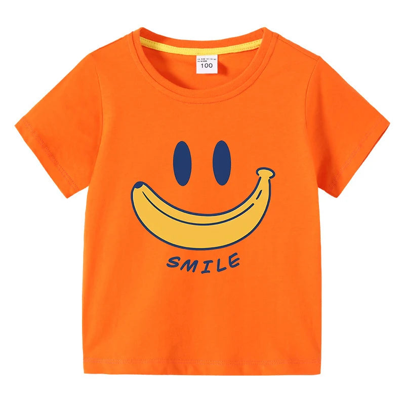 Cute Smiling Banana Kids Short Sleeve T Shirts Boys Girls Same Style Cartoon Casual Tees Comfortable Children Clothing
