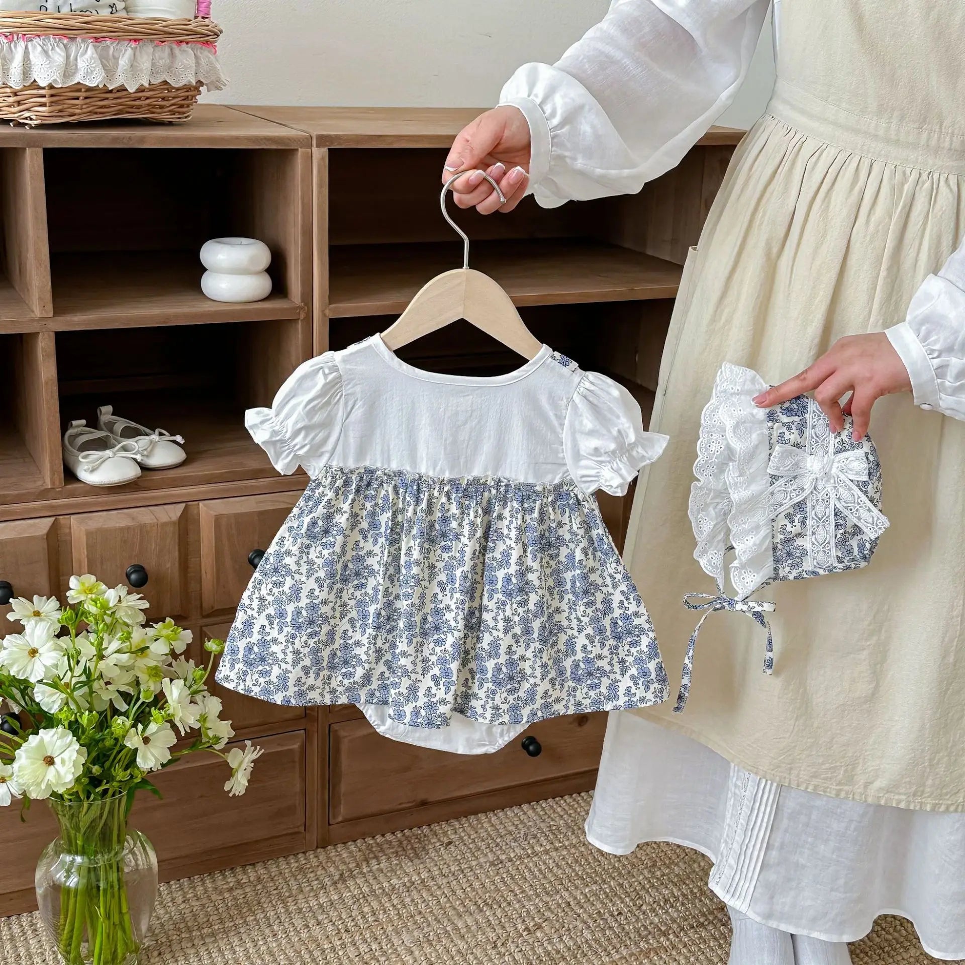 2026 Summer New Baby Girl Sweet Floral Splicing Bodysuit Dress + Hat Infant Cute Princess Jumpsuit Cotton Newborn Clothes 0-24M