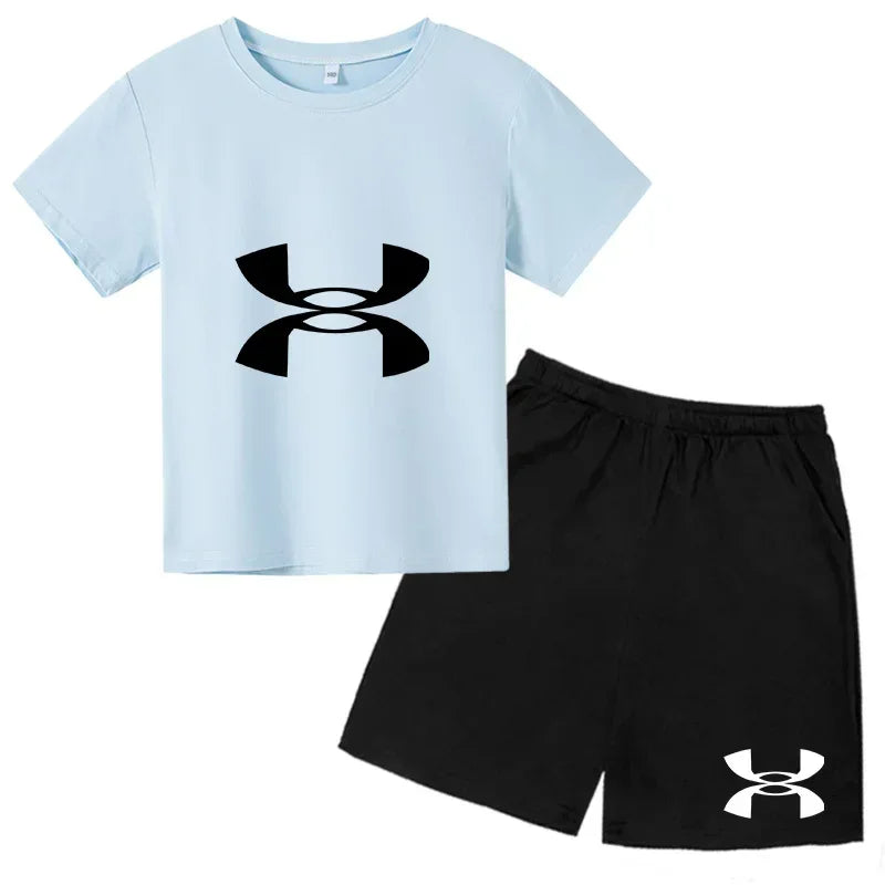 enfants en 2 piècesT-shirt et short de sport à manches courtes pour enfants avec logo imprimé - Ensemble de vêtements de sport
