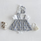 2026 Summer New Baby Girl Sweet Floral Splicing Bodysuit Dress + Hat Infant Cute Princess Jumpsuit Cotton Newborn Clothes 0-24M