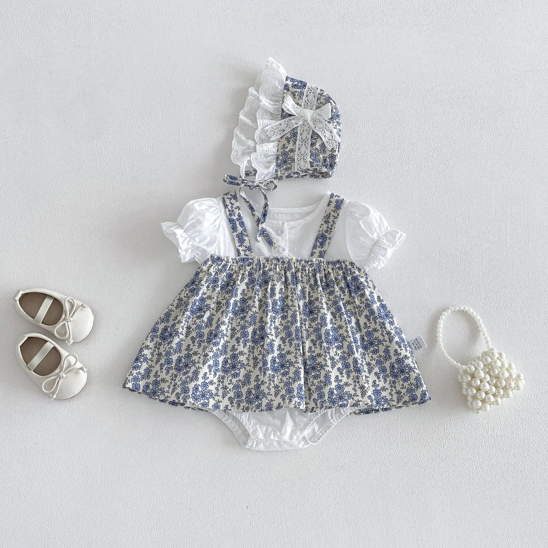 2026 Summer New Baby Girl Sweet Floral Splicing Bodysuit Dress + Hat Infant Cute Princess Jumpsuit Cotton Newborn Clothes 0-24M