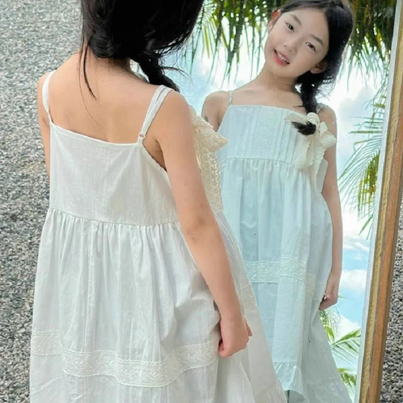 2026 New Girls Dresses Summer Solid Suspenders Dress Hollow-out Long-Sleeved Base Blouse Kid's Beach Wear