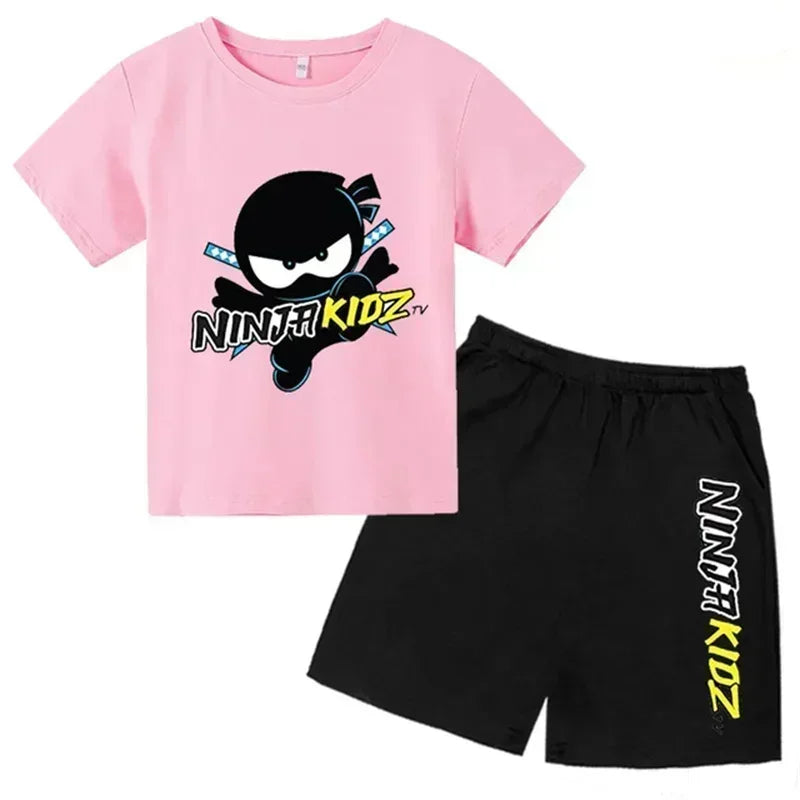with round neck for boys and girls,Set of t -shirt and short sleeve shorts breathable cotton set with summer ninja print