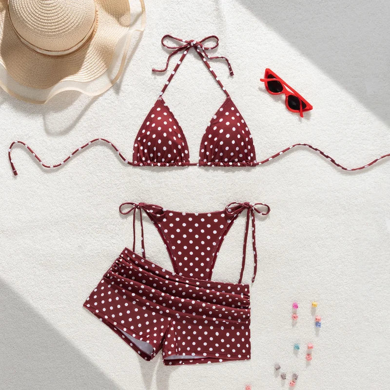Women's Retro Polka Dot Bikini Three Piece Set Neck Hanging Triangle Cup Top With Suspender Summer Beach Vacation Sexy Swimsuit
