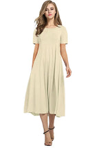 2026 European and American Summer Women's Round Neck Short Sleeve Solid Color Flared Dress